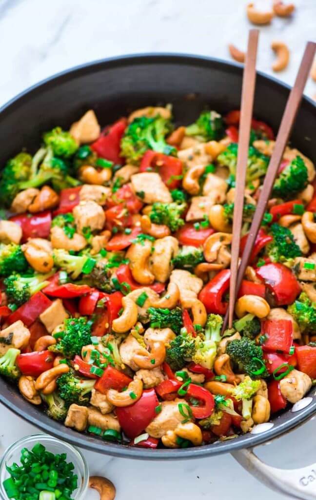 Clean Eating Dinner Recipes ready in 30 minutes or less! Easy Thai Cashew Chicken from Well Plated is the perfect healthy dinner recipe for busy weeknights! 