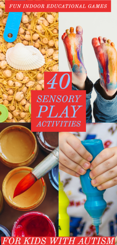 Sensory Play Activities! If you’re looking for sensory activities for toddlers, preschoolers, kindergarteners, or school-aged kids, you’re in luck! Here’s a list of sensory activities for kids with autism and special needs that help kids calm down, stimulate their senses, develop social skills, language skills, fine motor skills, gross motor skills, and self-control skills while they have FUN! #autism #specialneeds #specialneedsparenting 
