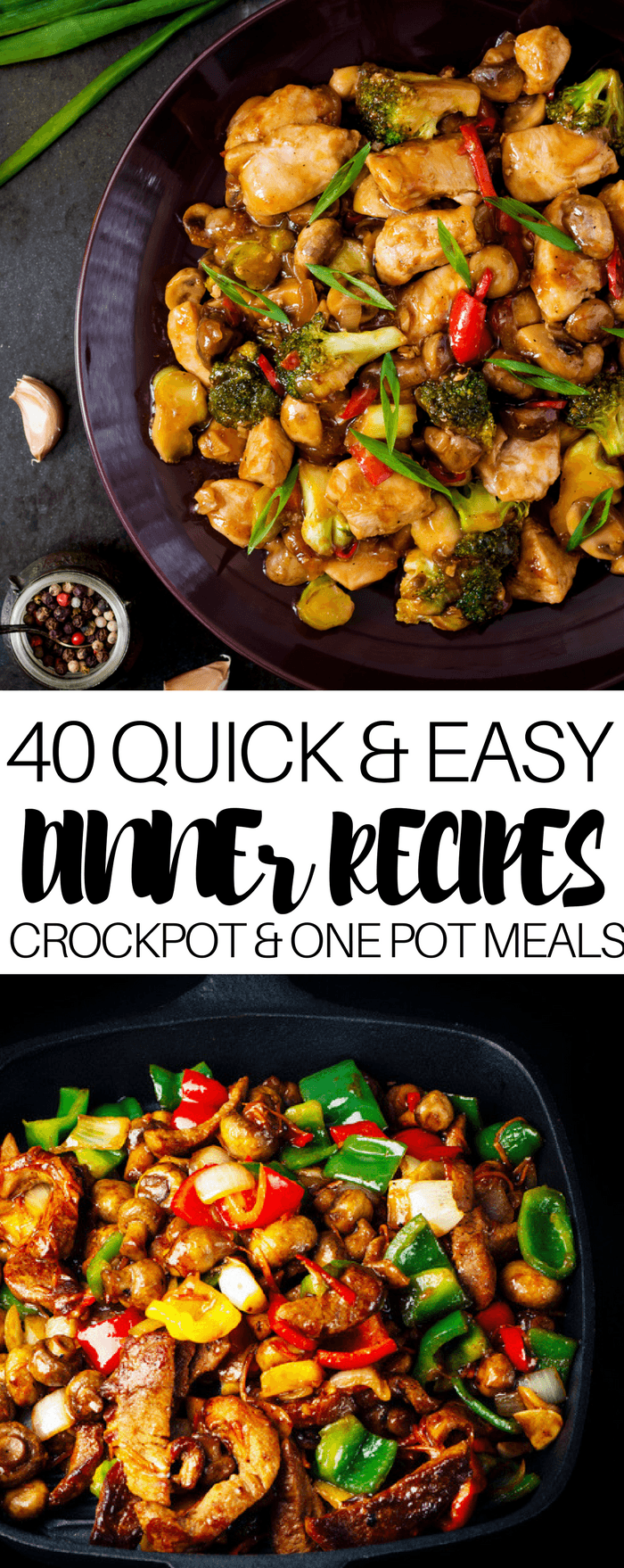 40 Quick & Easy Dinner Recipes Are you looking for easy main dishes to serve for family dinner? Check out this awesome collection of 40 dinner recipes! They’re perfect for weeknight family dinner! Whether you’re looking for healthy crockpot recipes or fast and cheap one-pot meals, this list has a recipe for you! From the best instant pot chicken and pasta to healthy pulled pork and yummy Mexican dishes, this is one you need to pin now! #recipes  