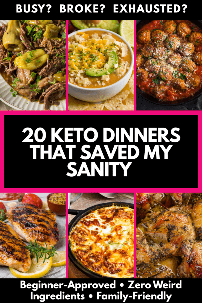 Hearty keto dinner with grilled meat and roasted vegetables. Text overlay says “Keto Dinners That Saved My Sanity.”