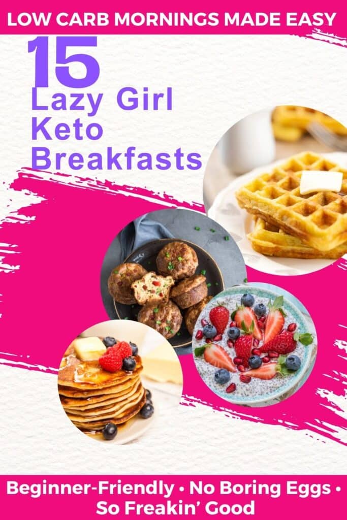 Plate of keto-friendly breakfast with eggs, avocado, and bacon. Text overlay reads “Lazy Girl Keto Breakfasts” on a dark background.
