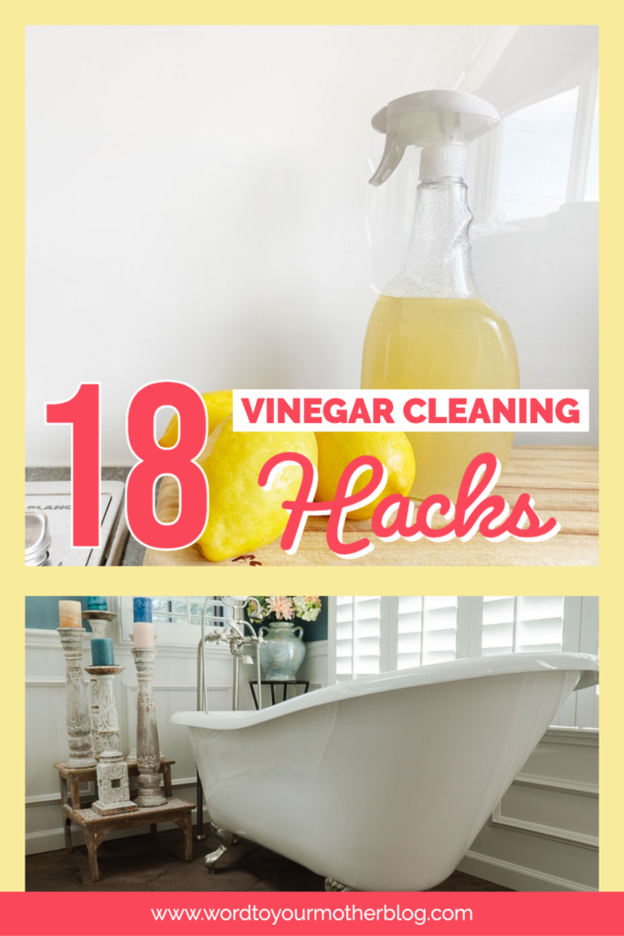 Looking for ways to clean with vinegar? These DIY vinegar cleaning solutions are amazing! Whether you’re searching for vinegar cleaning spray recipes to clean floors, the microwave or bathrooms this collection of 18 homemade vinegar cleaning hacks has you covered! Find out how you can easily clean difficult areas like soap scum in bathrooms, hard stains in toilets, and stainless steel in the kitchen with vinegar! #cleaninghacks #cleaningtips
