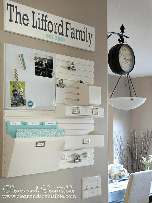 A family command center is a perfect way to organize a busy family! These DIY family command center ideas will help you organize and keep track of your mail, calendars, kid’s homework, backpacks, and school papers! Get your house and life organized for back to school now with these inspiring family command centers for your kitchen or office! I love this idea by Clean and Scentsible! #organization #organizing #familycommandcenter 