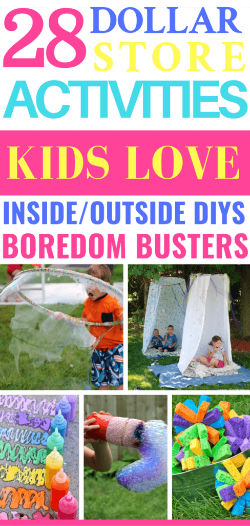 These dollar store ideas are the best to boredom busters for Spring Break or rainy days! Over 28 summer kids activities for boys & girls of all ages! From outdoor water and sensory play activities to indoor rainy day crafts there’s plenty of dollar store hacks to keep your kids entertained all summer long!
