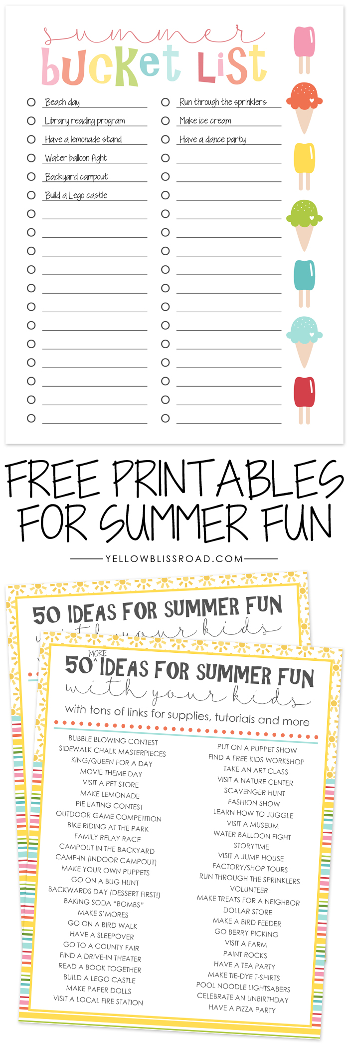 Keep up with your summer To-Do list with this Free Printable Summer Bucket List from Yellow Bliss Road! Don't forget all of these creative dollar store kids activities!