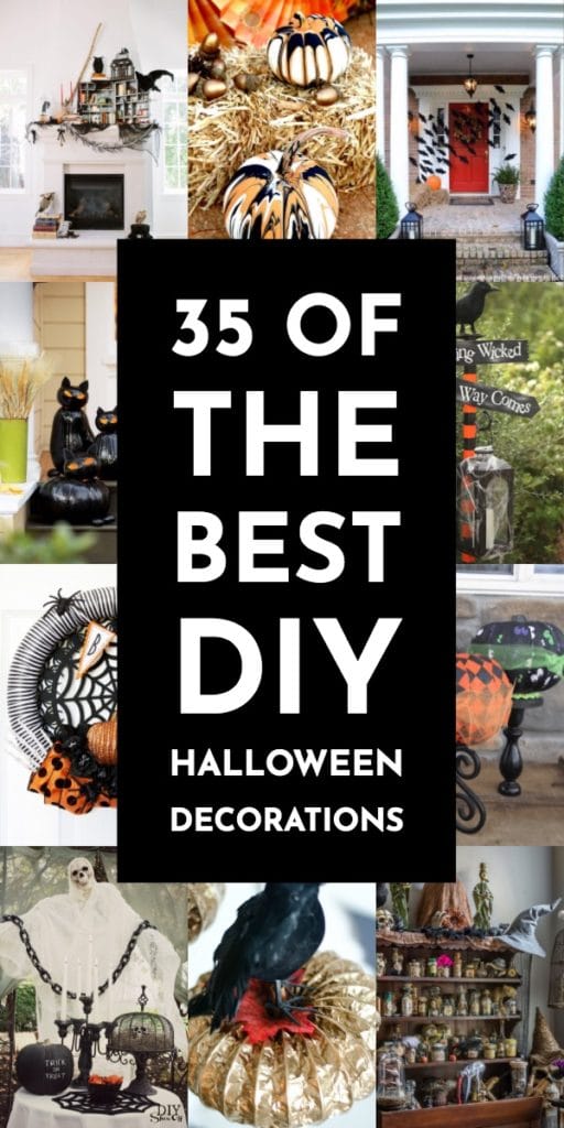 35 DIY Halloween Decorations. The best DIY Halloween decorations & crafts! From spooky to silly these DIY Halloween ideas will inspire you to decorate inside & out for Halloween! From awesome dollar store hacks to clever candle holders, spider webs, ghosts, apothecary jars & wreaths for the front door these DIY Halloween ideas will give you the look for less this year! #Halloween #HalloweenDecorations #HalloweenDIY #HalloweenCrafts #HalloweenDecor