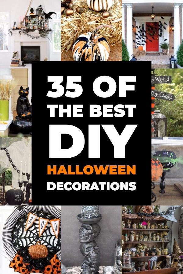 35 DIY Halloween Decorations. The best DIY Halloween decorations & crafts! From spooky to silly these DIY Halloween ideas will inspire you to decorate inside & out for Halloween! From awesome dollar store hacks to clever candle holders, spider webs, ghosts, apothecary jars & wreaths for the front door these DIY Halloween ideas will give you the look for less this year! #Halloween #HalloweenDecor #HalloweenDIY #HalloweenCrafts