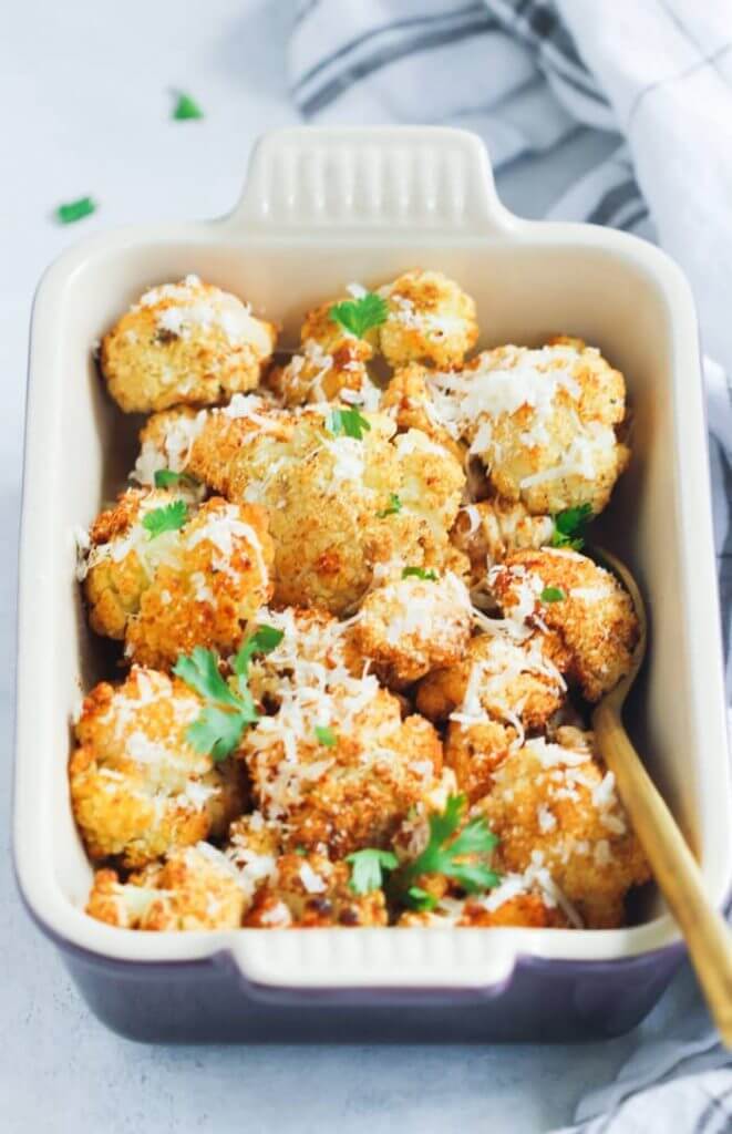 46 Keto Side Dish Recipes Fabulous recipe for Garlic Parmesan Roasted Cauliflower from Primavera Kitchen! Easy low carb side! 