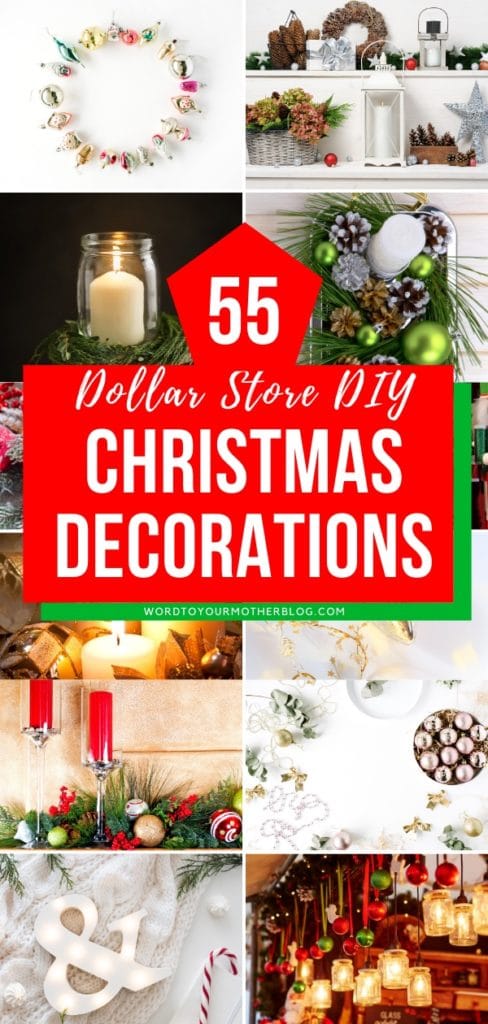 55 Dollar Store DIY Christmas Decorations. If you love holiday decor & crafts, but you’re on a budget check out these Dollar Store Christmas decorations and crafts. Get inspired to create wreaths, centerpieces & more using dollar tree items! Don’t miss these Christmas decor hacks that will make your home look amazing for the holidays! #Christmas #diyChristmasdecorations #diyChristmasdecor #Christmasdecor #DollarStore