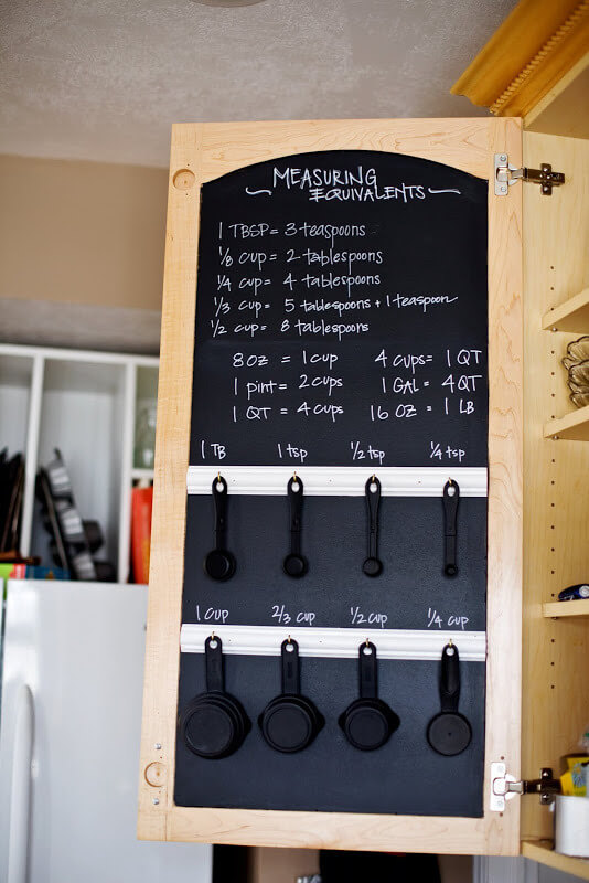 I’m always looking for easy kitchen organization ideas, and these DIY budget-friendly tips! This DIY chalkboard/measuring cup organizer on a cabinet door is a must-have! Thanks to Tidbits from the Tremaynes #KitchenOrganization #KitchenOrganizationDIY #kitchentips #kitchenideas #organization #organizationideas 