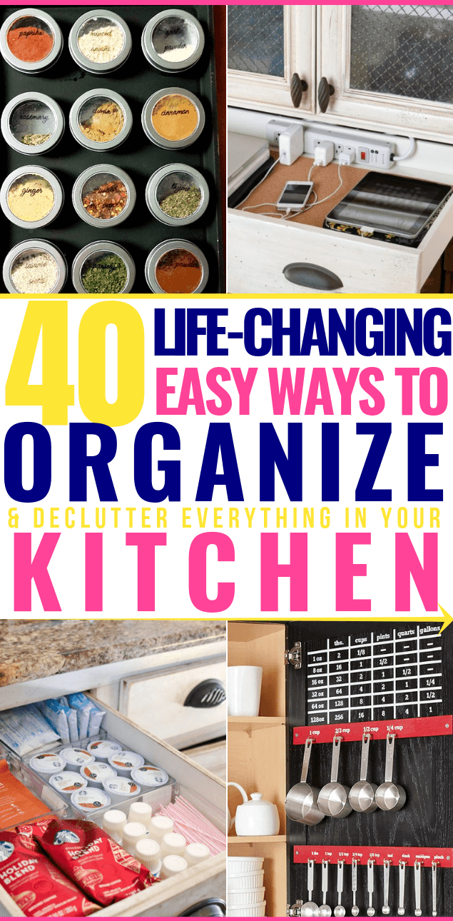 These easy kitchen organization DIY’s from the dollar tree are genius! 40 ways to organize your small or large kitchen on the cheap! Dollar store & Ikea hacks to help you declutter kitchen drawers, countertops, spice racks, refrigerator, cabinet & pantry-on budget! Don’t miss these cheap & easy ways to get your kitchen organized! #dollarstoreDIY #KitchenOrganization #KitchenOrganizationDIY #organization #dollarstorehacks