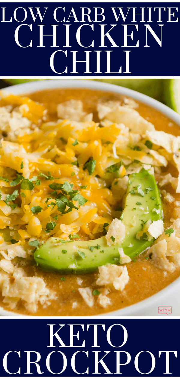 Looking for a keto dinner recipe that’s low carb high in flavor & easy to prep for the crockpot? This Keto Crockpot White Chicken chili is the best! Only 6 carbs & easy to make ahead & freeze! Everyone will love this easy keto recipe that’s perfect for ketogenic diet beginners-no special ingredients necessary! You can’t beat a slow cooking keto meal made easy in the crockpot! Yum! #keto #ketogenic #ketodiet #ketogenicdiet #ketorecipes #lowcarb #LCHF #crockpot #crockpotrecipes
