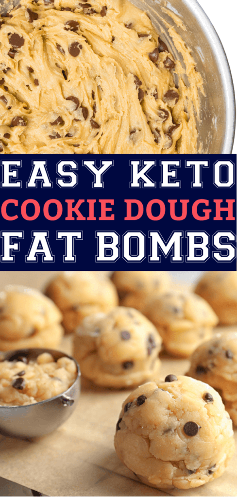 Keto Chocolate Chip Cookie Dough Fat Bombs! The best keto fat bombs on the ketogenic diet! Try this healthy, low carb snack recipe with cream cheese, peanut butter, sugar-free chocolate chips & butter for a keto dessert or snack that is out of this world delicious! Eggless, edible cookie dough! Seriously, the best easy no-bake keto fat bomb recipe EVER! #keto #ketorecipes