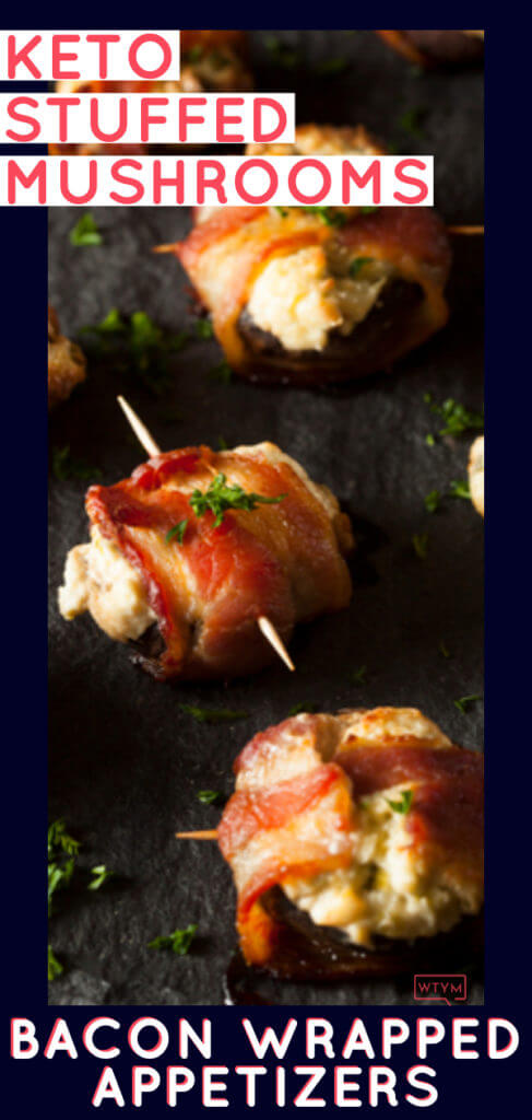 Need a keto appetizer recipe? You can’t go wrong with these bacon wrapped keto stuffed mushrooms! Easy low carb, high protein mushrooms filled with cream cheese, cheddar, and Parmesan & wrapped in bacon make fabulous party appetizers for a crowd! Try this delicious keto stuffed mushroom appetizer at your next party! Nobody will guess it’s healthy keto diet food! #keto #ketorecipes #lowcarbrecipes