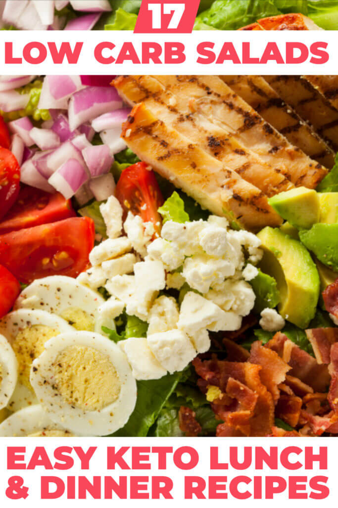 17 Keto Salad Recipes! With a healthy combination of low carb veggies, protein, and fat these keto salads make the perfect easy lunch or dinner that you can meal prep ahead! Whether you prefer your low carb salads with chicken, bacon, tuna, shrimp, avocado or spinach you’ll find a new favorite keto salad recipe in this collection of clean eating, low carb salad ideas that’ll keep your weight loss on the ketogenic diet on track!