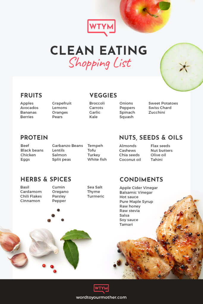 Clean Eating Shopping List for Beginners! Great resource if you want to start a clean eating diet for health or weight loss! Download the free printable clean eating grocery list & learn all of the rules & guidelines - what to eat & what to avoid - for a healthier lifestyle. Perfect beginners with tips & nutrition info about how to eat clean! Don’t miss this healthy shopping list! #cleaneating #healthy #mealplanning

