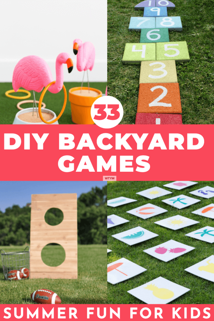 33 DIY Backyard Games! Looking for easy DIY backyard games for kids, adults & teens to enjoy? These homemade backyard games are perfect for outdoor parties or entertaining kids this summer! We're talking horseshoes, giant Jenga, giant dominoes, giant tic tac toe, cornhole, glow stick fun, connect four, hula hoop ring toss & a chalkboard to keep score! Don't miss these DIY backyard games! #diygames #backyardgames #yardgames