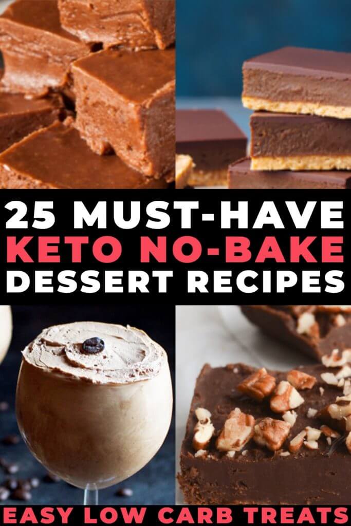 25 No Bake Keto Desserts. Looking for easy no bake low carb dessert recipes to help you lose weight and satisfy your sweet tooth? Check out this collection of no bake keto dessert recipes with peanut butter, cream cheeses, almond flour, coconut, and chocolate! You won’t believe these sugar-free, gluten-free recipes are low carb! #keto #ketodiet #ketodessert #lowcarb #lowcarbdiet #lowcarbdesserts #ketosis #ketorecipes #lowcarbrecipes #nobake
