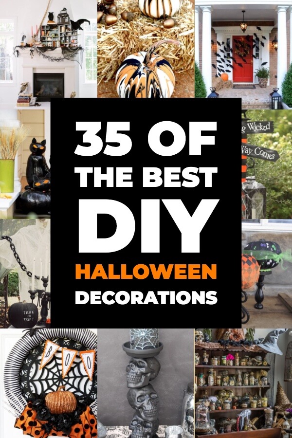 35 DIY Halloween Decorations. The best DIY Halloween decorations & crafts! From spooky to silly these DIY Halloween ideas will inspire you to decorate inside & out for Halloween! From awesome dollar store hacks to clever candle holders, spider webs, ghosts, apothecary jars & wreaths for the front door these DIY Halloween ideas will give you the look for less this year! #Halloween #HalloweenDecorations #HalloweenDIY #HalloweenCrafts #HalloweenDecor