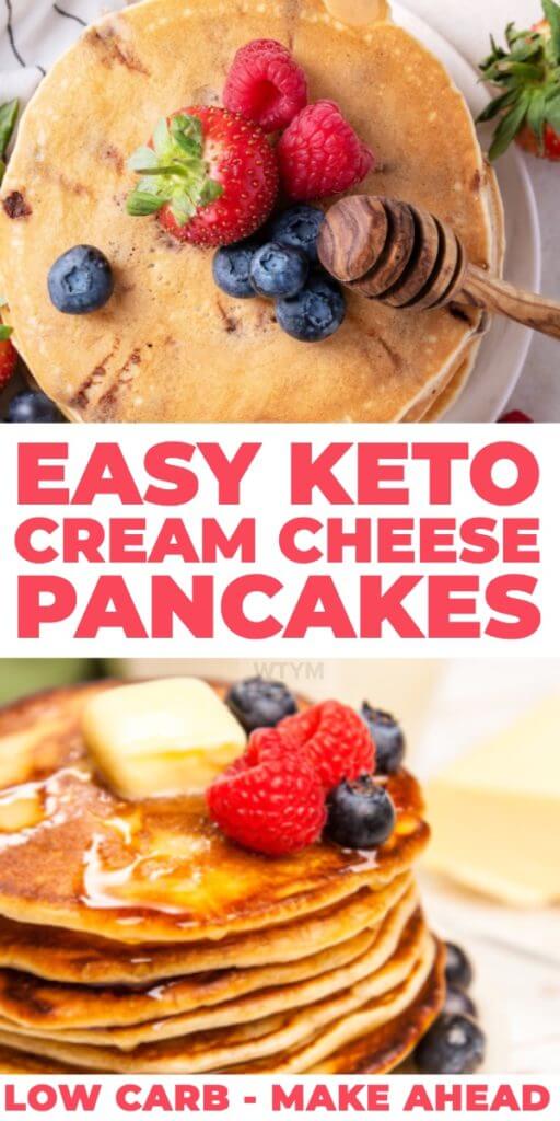 These cream cheese keto pancakes made with almond flour make a perfect low carb breakfast! Make them ahead on meal prep day & freeze or make them on busy mornings in less than 5 minutes in the blender! You won’t believe how fabulously delicious these low carb, gluten free pancakes are until you try them! Awesome keto breakfast recipe for any low carb or ketogenic diet! #keto #ketorecipes #LCHF #lowcarb #lowcarbrecipes #makeahead 