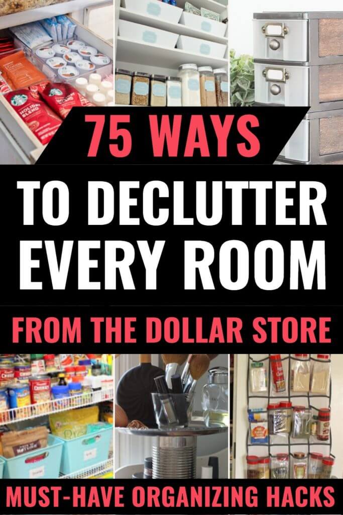 75 Dollar Store Hacks To Organize Every Room! If you're trying to get organized or declutter start at the dollar store! These Dollar Store organizing ideas will help you get every room organized on a budget! Whether you're organizing your kitchen cabinets, bedroom closet, bathroom, or just trying to declutter these Dollar Store DIY's are super helpful! #organization#diy #dollarstoreorganization #diydollarstoreorganization #dollartree #organizationideas #organizing #declutter #dollarstorehacks