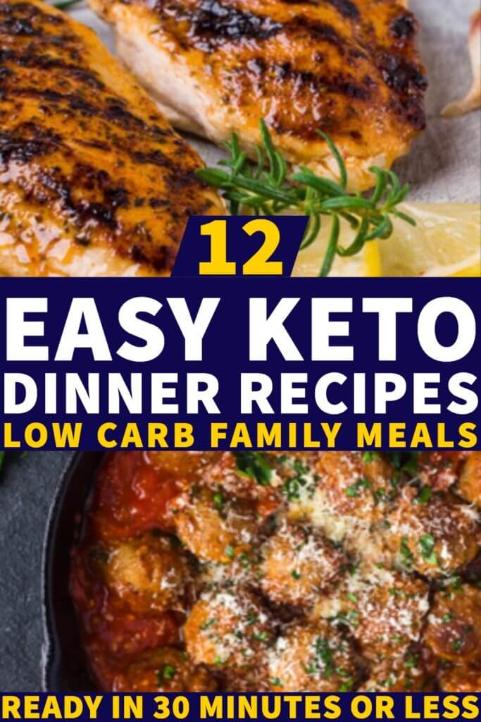 These easy keto diet dinner recipes are ready fast & they’re perfect for families on busy weeknights! 12 low carb keto dinner recipes you can make quick with low carb ingredients like ground beef, chicken breasts, pork, & salmon! Find a new favorite easy keto recipe in this collection of fast low carb ketogenic dinner meals! #keto #ketorecipes #ketodinner #lowcarb #lowcarbrecipes #healthydinner #dinner