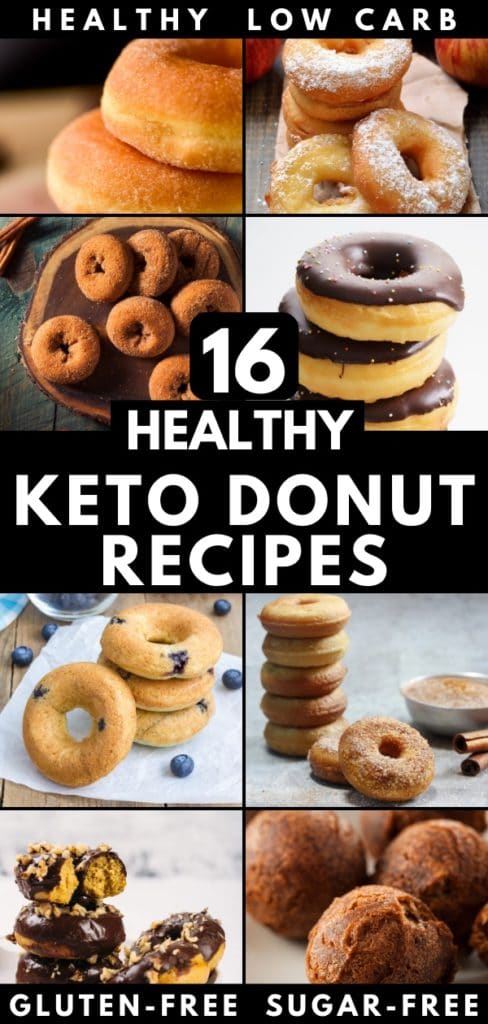 These 16 keto donut recipes are fabulous and healthy! Whether you’re looking for baked, air fried, almond, or coconut flour low carb homemade donuts, you’ll find a new favorite here! Chocolate, sour cream, pumpkin, cinnamon, blueberry, maple, lemon, and Krispy Kreme copycats. Perfect breakfast, snack or dessert for the ketogenic and paleo diets. #keto #lowcarb #breakfast #snack #dessert #Paleo #glutenfree #ketobreakfast #healthyrecipe #donuts #homemadedonuts