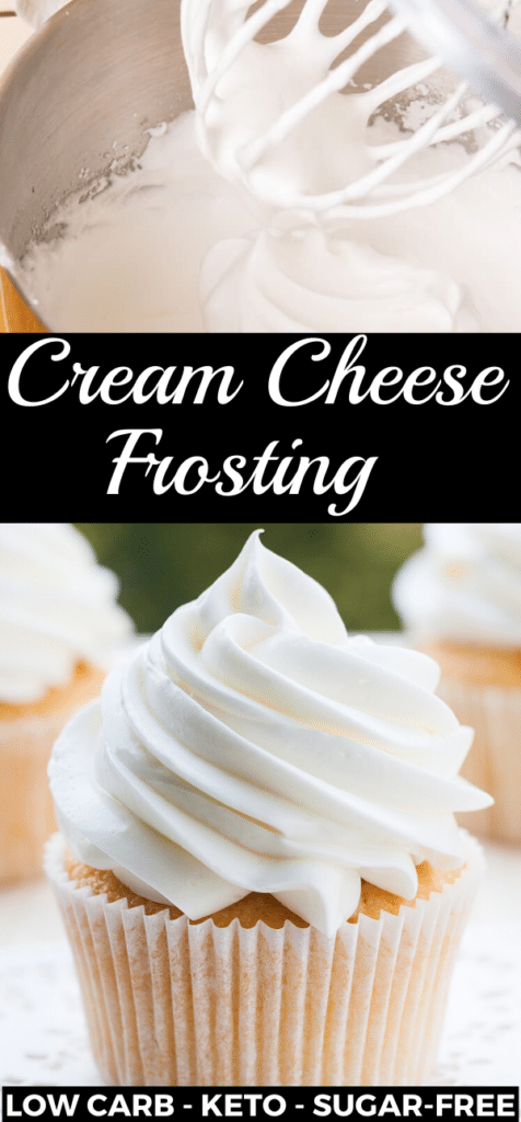 Low Carb Keto Cream Cheese Frosting! Make your low carb desserts extra special with this easy cream cheese frosting recipe that uses 5 ingredients and no powdered sugar! Perfect for cupcakes, mug cakes, cookies and more! If you’re on a low carb, ketogenic diet or a gluten-free, sugar-free eating plan don’t miss this fabulous frosting recipe! #keto #ketorecipes #lowcarb #lowcarbrecipes #frosting #creamcheese #glutenfree #easy #healthy