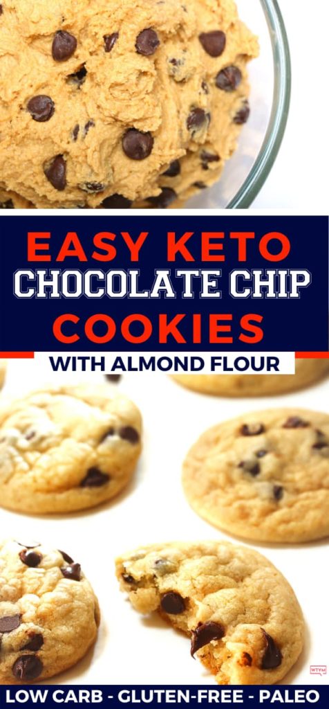 Keto Chocolate Chip Cookies made with almond flour are a family favorite! If you’re looking for a healthy chocolate chip cookie that’s crispy on the outside, but soft and chewy on the inside, then you must try this low carb, gluten-free,grain-free, sugar-free and paleo cookie that tastes amazing. Make them ahead and freeze for the holidays or any day you need a low carb treat! #keto #ketorecipes #ketocookies #lowcarb #lowcarbrecipes #lowcarbcookies #chocolatechipcookies #cookies #glutenfree