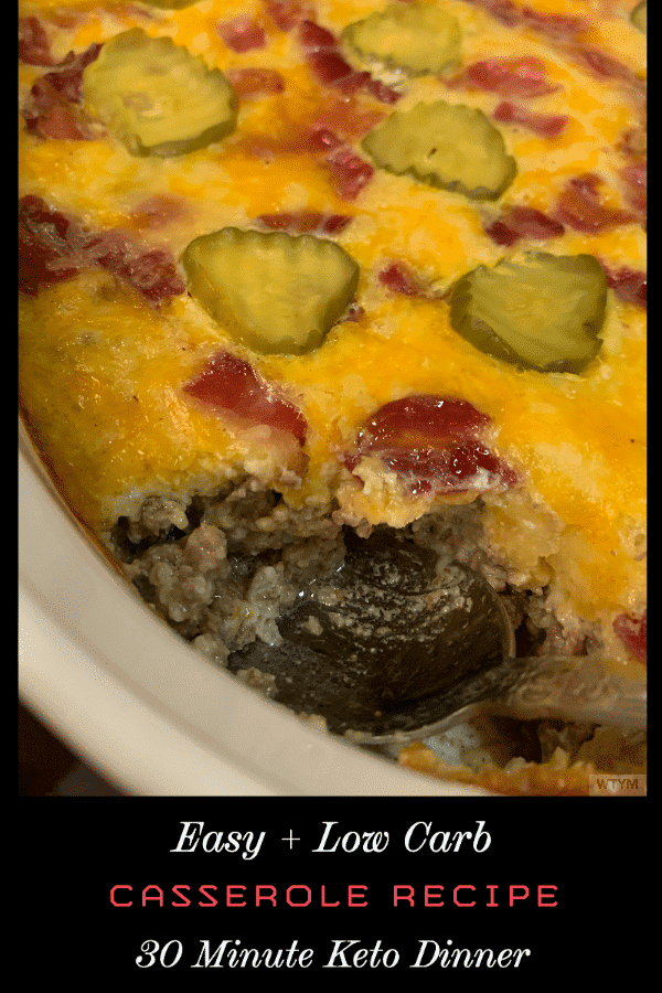 This Keto Ground Beef Casserole tastes like bacon cheeseburger heaven with ground beef, cream cheese, cheddar cheese, bacon, and pickles - you won't miss the carbs in this easy keto dinner with 3.6 net carbs per serving. You don’t have to be following a keto diet to love this 30 minute dinner recipe! #keto #ketorecipes #dinner #lowcarb #lowcarbrecipes #casserole