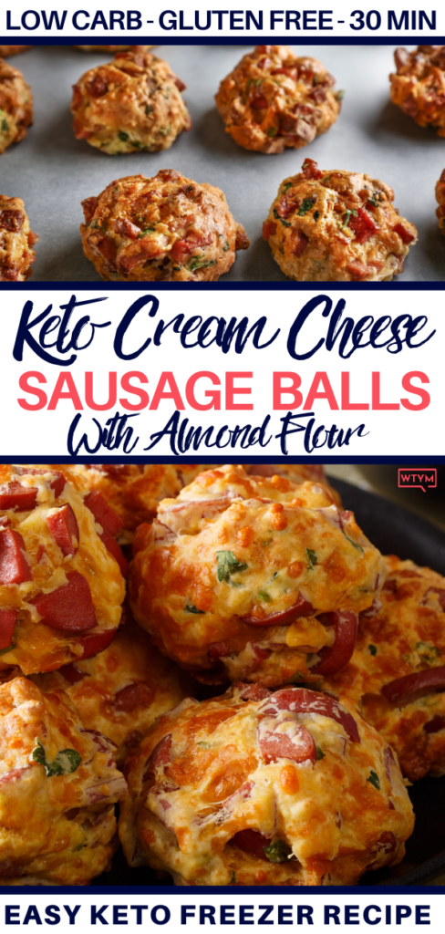 Your new favorite low carb sausage ball recipe with almond flour & cream cheese! These keto sausage balls make the best appetizers for game day or the holidays! I love to make them ahead for breakfast, too! This low carb sausage ball recipe is freezer-friendly and only takes 30 minutes from start to finish. With only 1.4 net carbs each these keto sausage balls are perfect for the ketogenic diet! #keto #ketorecipes #ketobreakfast #lowcarb #appetizer #sausageballs #easyappetizer 
