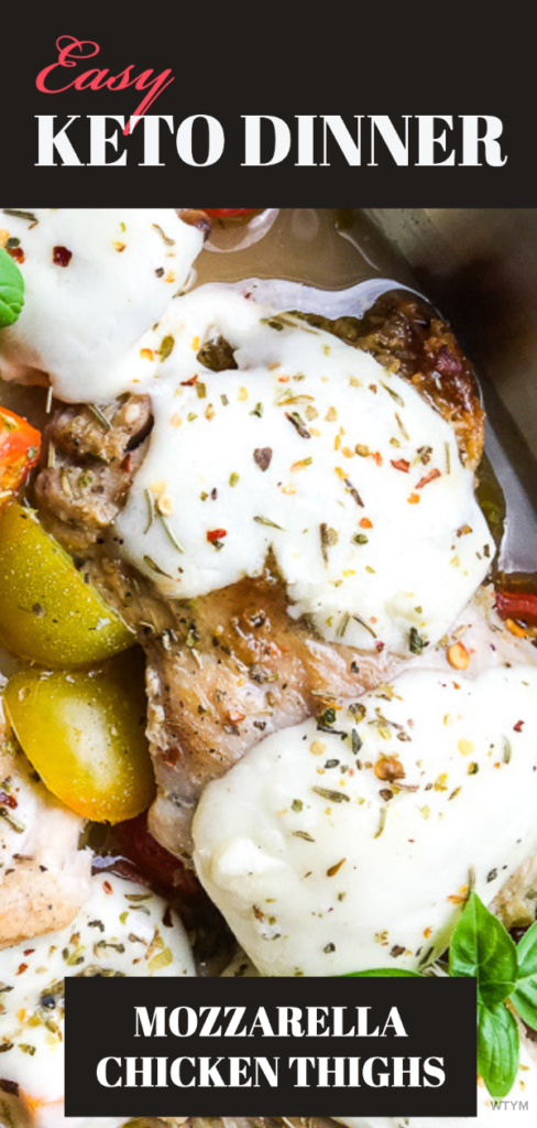 Keto Chicken Thighs with Mozzarella cheese is an easy, low carb, keto dinner recipe that's ready in 40 minutes with 1.9 net carbs per serving! Whether or not you follow a ketogenic diet, you'll love this healthy dinner recipe! #keto #ketorecipes #dinner #lowcarbrecipes #LCHF 