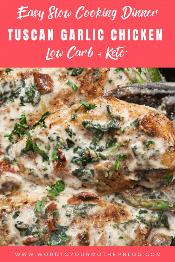 This easy keto crockpot chicken recipe makes the perfect low carb family dinner! Creamy Tuscan Garlic chicken with spinach is a healthy, family favorite with only 15 minutes of prep time!