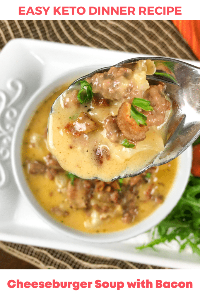 Looking for a keto dinner recipe that’s low carb & easy? This Keto Cheeseburger Soup with Bacon & Cream Cheese is the best! Only 3.1 net carbs! Make it in the crockpot, Instant Pot or Stove! Perfect for keto diet beginners! You can’t beat a slow cooking keto crockpot soup made easy! #keto #ketorecipes #ketodinner #lowcarb #crockpot #crockpotrecipes #InstantPot #slowcooker #bacon #cheeseburger