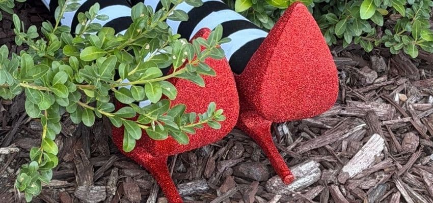 DIY witch legs with striped tights and red glitter ruby slippers lying in mulch against a brick house, like the Wizard of Oz witch under the house